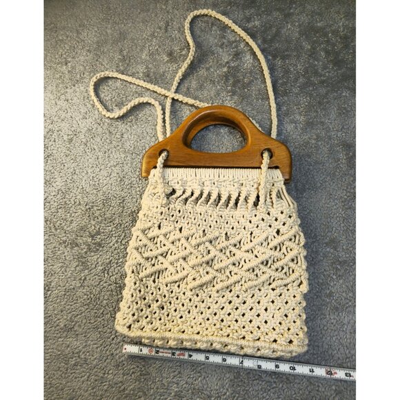 Vintage Handmade Macrame Crossbody Bag With Wooden Handles & Braided Strap - Picture 2 of 9